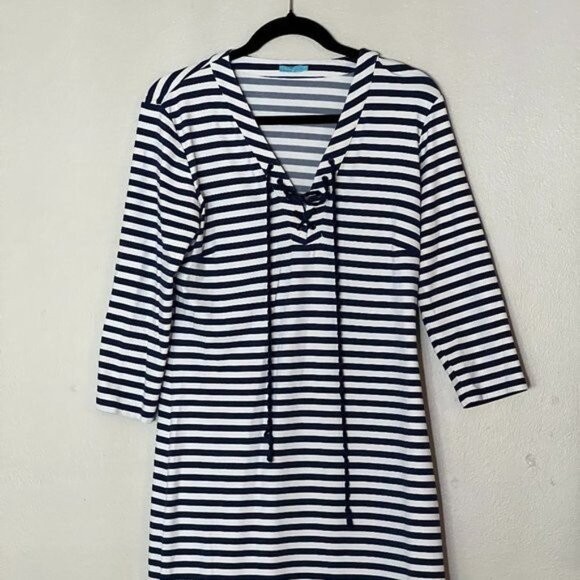 J. McLaughlin Striped Navy White V-Neck Dress Women's Size Medium Excellent very - Picture 10 of 11